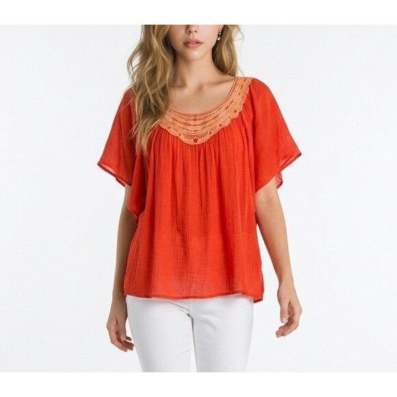 Unique Spectrum Tops - Unique Spectrum Women's Crochet Orange Size 2X Blouse Tunic Short Sleeve